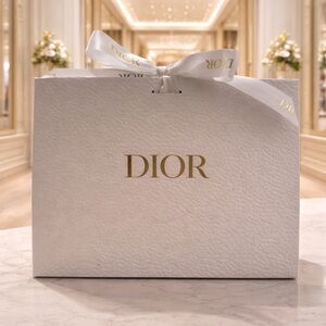 Dior White Gift Bag with Gold Foil Logo and Ribbon